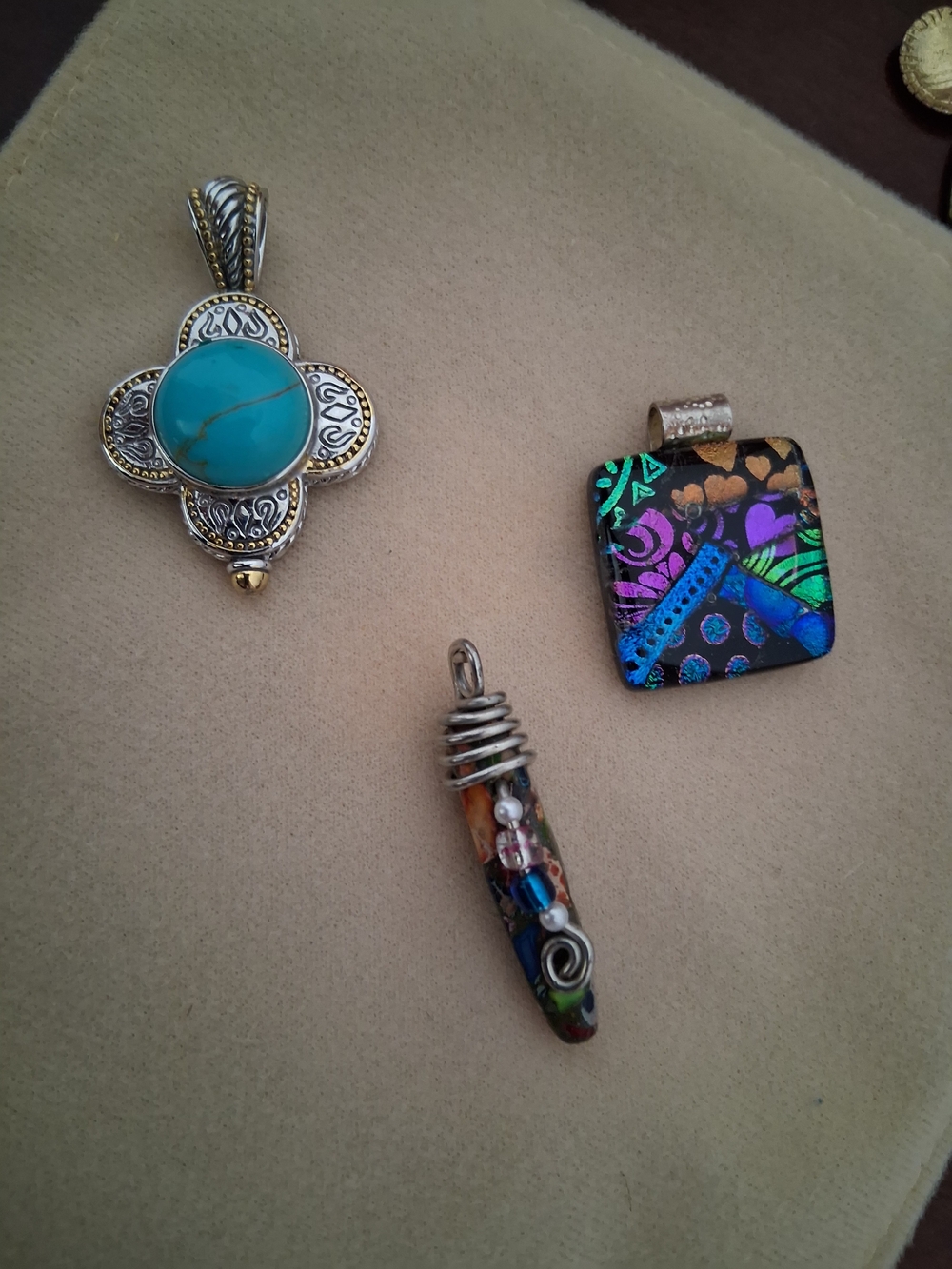 Turquoise Silver Floral Pendant + Multicolor Art Glass Pendants (3)